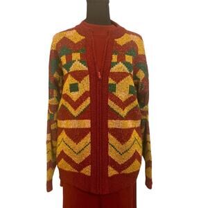 Vtg Bleyle Sweater set Hong Kong geometric cardigan mock‎ turtleneck pants 3 pc